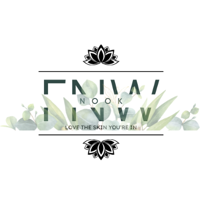 Logo of Nook with green foliage and lotus flowers on a white background
